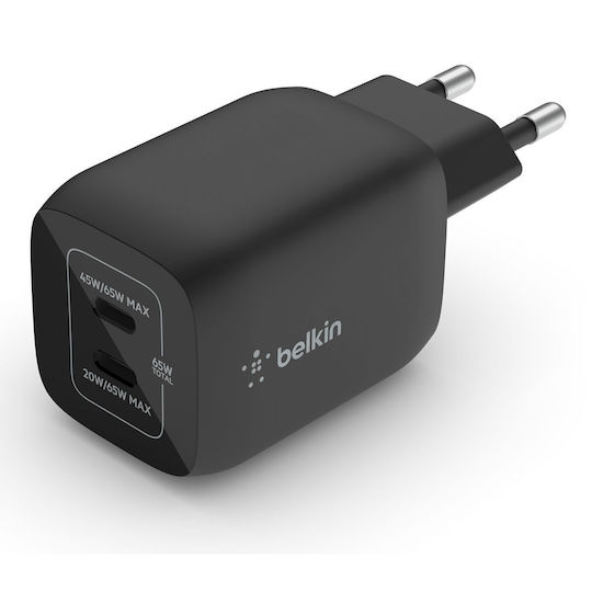 Belkin Wireless Charger GaN With 2 USB-C Output Ports 65W Power Delivery Black Boost Charge Pro