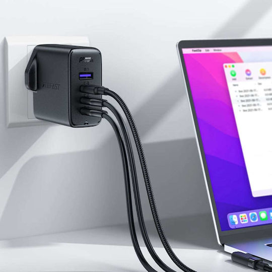 Acefast GaN Charger With USB-A Port And 3 USB-C Ports And USB-C Cable 100W Power Delivery Quick Charge 2.0 Quick Charge 3.0 Quick Charge 4+ White Black (2xA40 UK Socket)