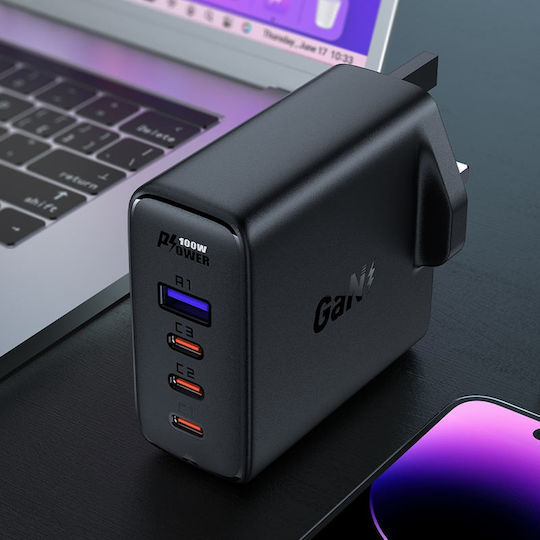 Acefast GaN Charger With USB-A Port And 3 USB-C Ports And USB-C Cable 100W Power Delivery Quick Charge 2.0 Quick Charge 3.0 Quick Charge 4+ White Black (2xA40 UK Socket)