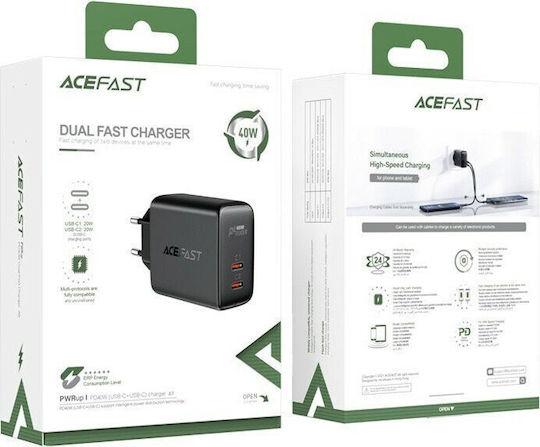 Acefast Ladegerät ohne Kabel mit 2 USB-C Anschlüsse 40W Stromlieferung Schwarzs (A9)