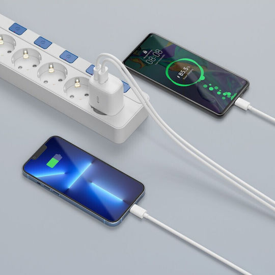 Tech-Protect Φορτιστής με Θύρα USB-A και Θύρα USB-C και Καλώδιο USB-C 20W Power Delivery / Quick Charge 3.0 Λευκός (C20W)