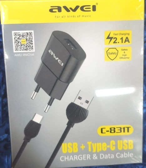 Awei с USB-A порт и кабел USB-C Черен (C-831)