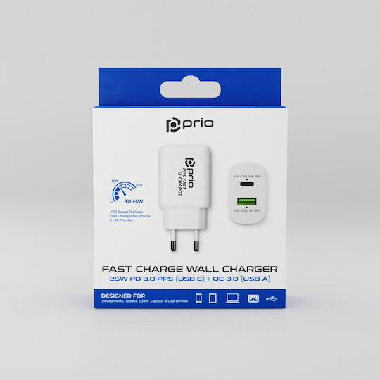 Prio Φορτιστής Χωρίς Καλώδιο με Θύρα USB-A και Θύρα USB-C 25W Quick Charge 3.0 Λευκός (001.30.004)