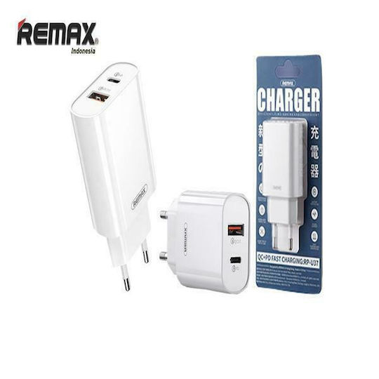 Remax Φορτιστής Χωρίς Καλώδιο με Θύρα USB-A και Θύρα USB-C 18W Quick Charge 3.0 Λευκός (RP-U37)