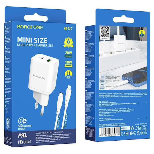 Borofone Charger with USB-A Port and USB-C Port and Cable USB-C - Lightning 20W Power Delivery Whites (BN7)