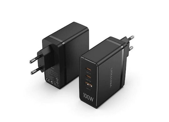 Vention Φορτιστής Χωρίς Καλώδιο GaN με Θύρα USB-A και 2 Θύρες USB-C 100W Power Delivery / Quick Charge 3.0 Μαύρος (FEGB0-EU)