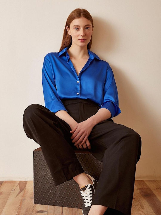 Concept Langärmelig Damen Satin Hemd Blau