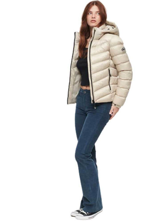 Superdry Women's Short Puffer Jacket for Winter with Hood Beige
