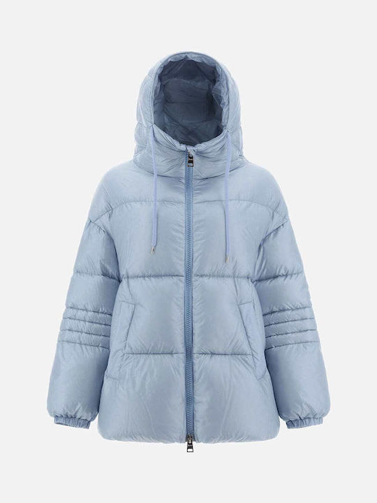 Herno Women's Short Puffer Jacket Double Sided for Winter with Hood Light Blue