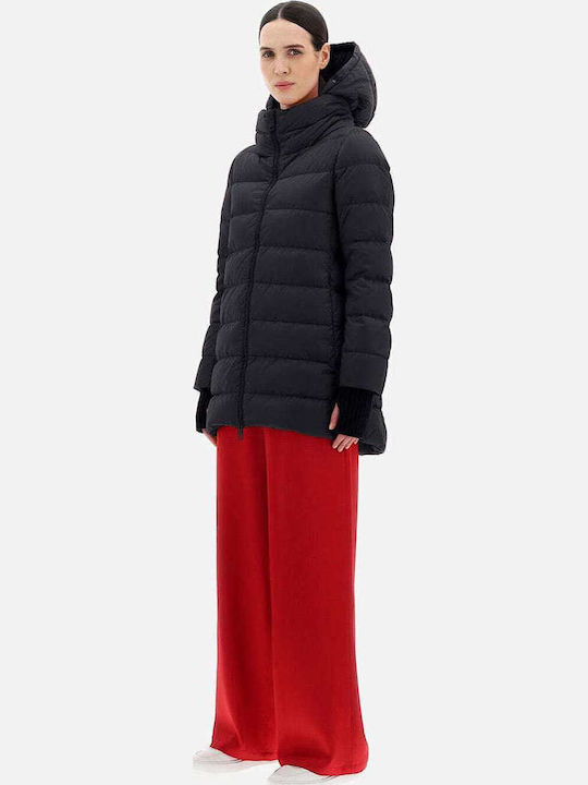 Women's Long Puffer Jacket Waterproof for Winter with Hood Black