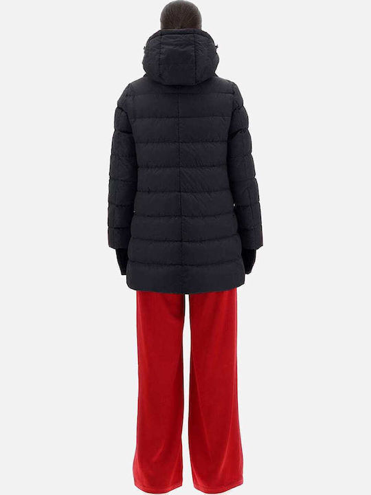 Women's Long Puffer Jacket Waterproof for Winter with Hood Black