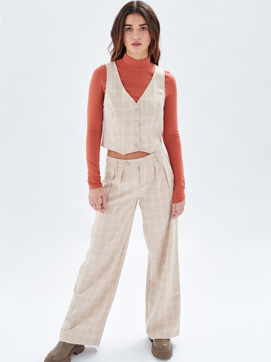 Γυναικείο Υφασμάτινο Παντελόνι Καρό Μπεζ