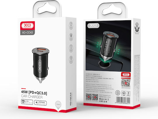 XO Φορτιστής Αυτοκινήτου Cc43 45W 4.5A Γρήγορης Φόρτισης με Θύρες: 1xUSB 1xType-C Μαύρος