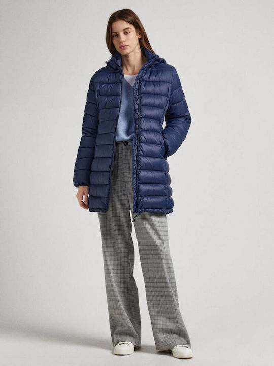 Pepe Jeans Maddie Μακρύ Γυναικείο Puffer Μπουφάν Μπλε