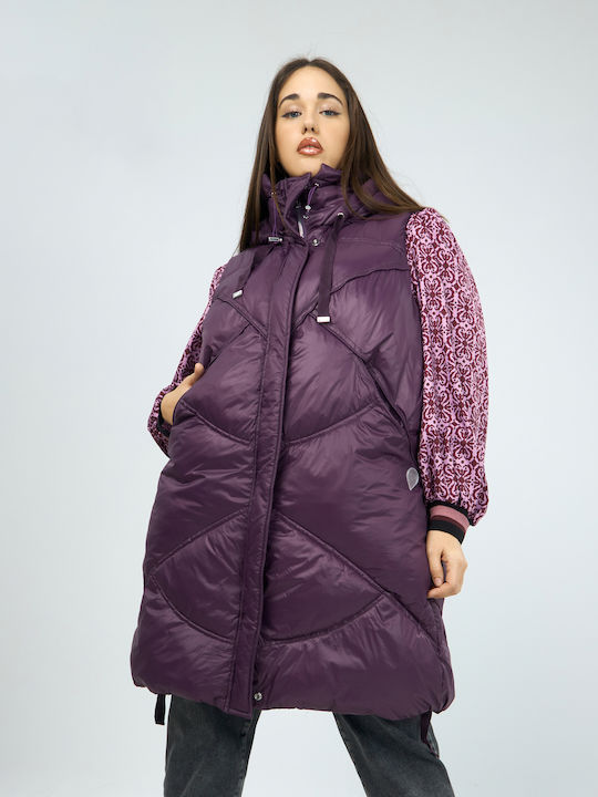 Mat Fashion Women's Short Puffer Jacket for Spring or Autumn with Hood Purple