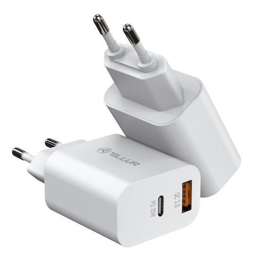 Tellur Φορτιστής Χωρίς Καλώδιο με Θύρα USB-A και Θύρα USB-C 38W Power Delivery / Quick Charge 3.0 Λευκός (TLL151381)