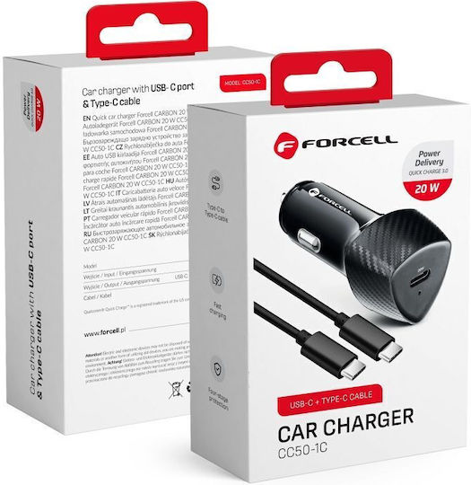 Forcell Handy-Autoladegerät 20W 3A mit einer Buchse 1xType-C zusammen mit Kabeltyp Type-C Schwarz Farbe