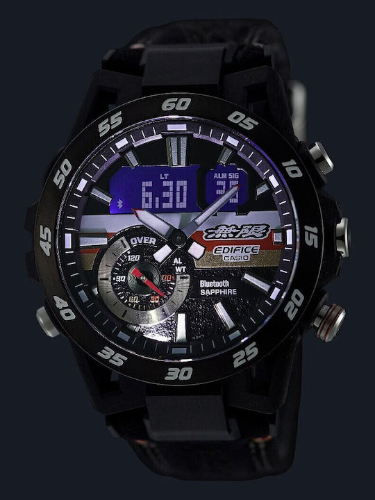 Casio Мъжки часовник 48мм на батерия с черна кожена каишка