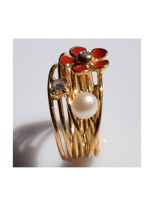 Bizoutaki Women's Ring with Pearls, Zircon & Enamel from Silver Gold Plated