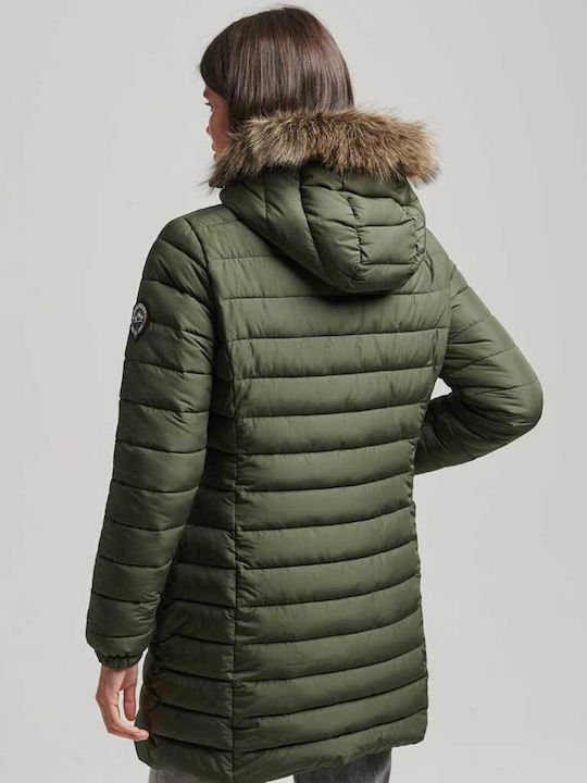 Superdry Faux Women's Short Puffer Jacket for Winter with Hood Green