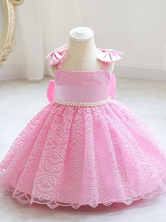 Kinderkleid Ärmellos Spitze Set mit Accessoires Rosa