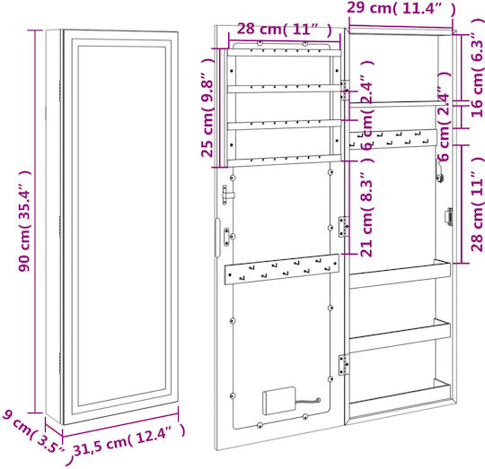 vidaXL Wandspiegel mit Weiß Hölzernes Rahmen & LED Beleuchtung 90x31.5cm 1Stück
