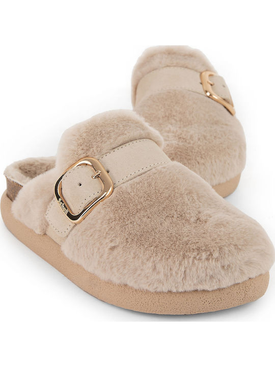 Winter Women's Slippers with Fur Beige
