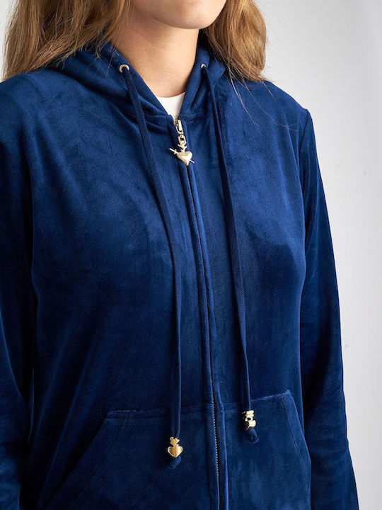 SugarFree Women's Hooded Velvet Cardigan Blue