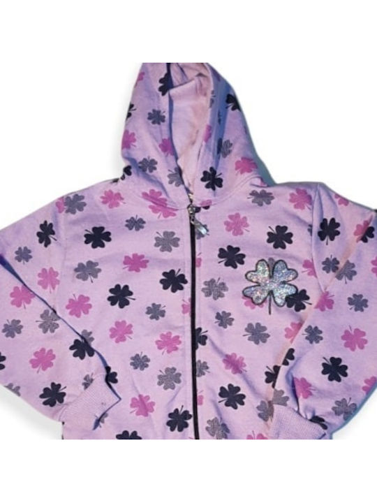 Fleece Επένδυση Παιδική Φούτερ Ζακέτα με Κουκούλα Λιλά