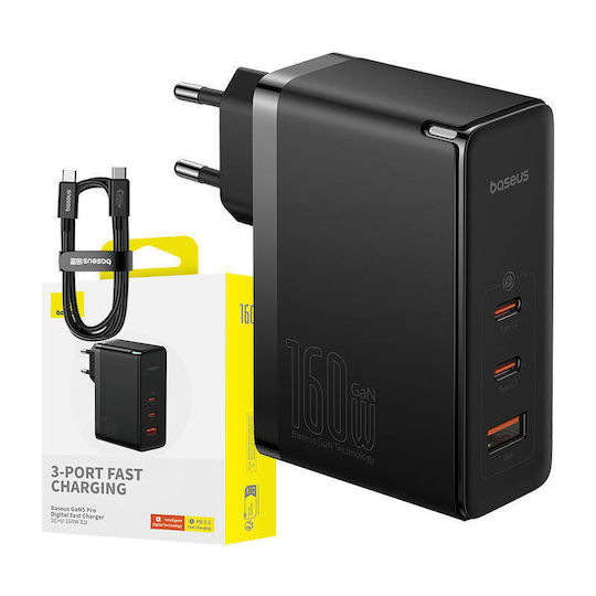 Baseus GaN с USB-A порт и 2 USB-C порта и кабел USB-C - USB-C 160W Power Delivery Черен (GaN5 Pro)