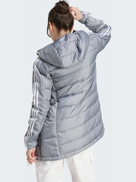 Essentials 3-stripes Light Women's Long Puffer Jacket for Winter with Hood Gray