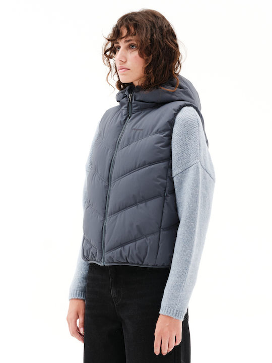 Късо Дамско Без Ръкави Puffer Якето За Зима Син