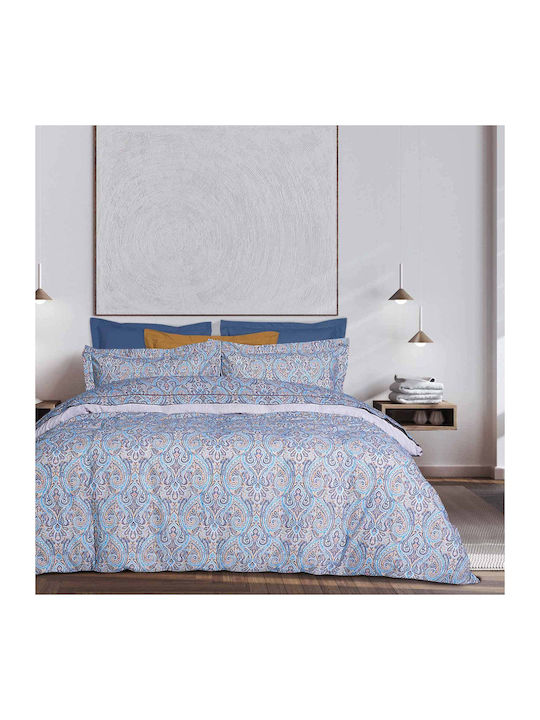 Das Home Happy 9611 Super Double Cotton Duvet Cover Set with Pillowcases 220x240 Κοκκινο - Μπλε - Ωχρα