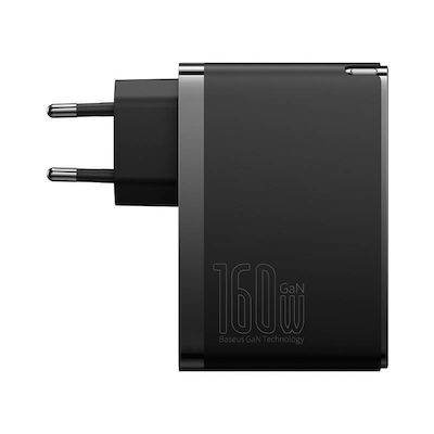 Baseus Ladegerät GaN mit USB-A Anschluss und 2 USB-C Anschlüsse und Kabel USB-C - USB-C 160W Stromlieferung Schwarzs (GaN5 Pro)