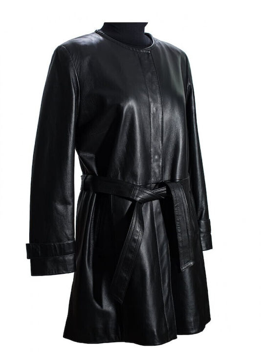 Ageridis Leather Δερμάτινo Γυναικείο Μαύρο Παλτό με Ζώνη