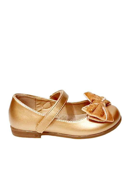Kids Anatomic Leather Ballerinas with Hoop & Loop Closure Gold