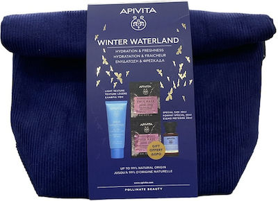 Apivita Winter Waterland (Light Texture) Skin Care Set for Moisturizing with Face Mask , Facial Lotion , Face Cream & Toiletry Bag