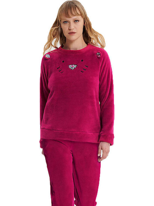 Vamp Χειμερινό Γυναικείο Σετ Πιτζάμας Fleece Φούξια