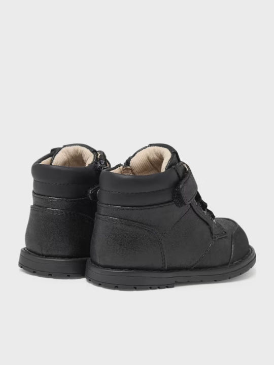 Biker Lederne Kinderstiefeletten mit Klettverschluss Schwarz