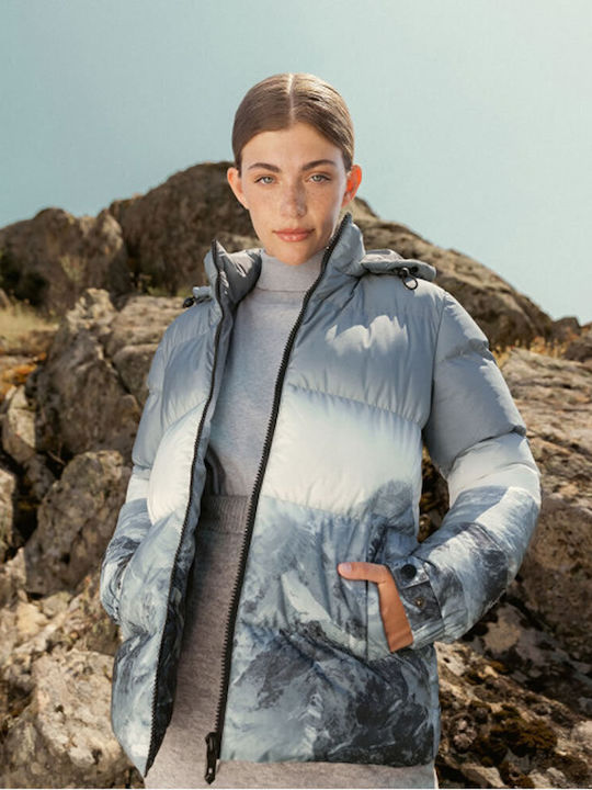 Women's Short Puffer Jacket for Winter with Hood Gray