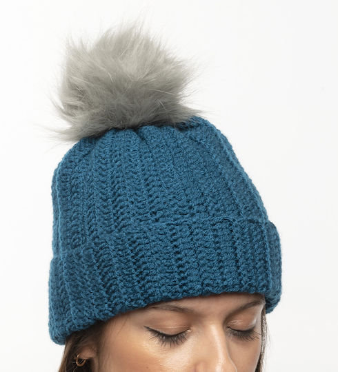 Pom Pom Beanie Γυναικείος Σκούφος Πλεκτός σε Navy Μπλε χρώμα