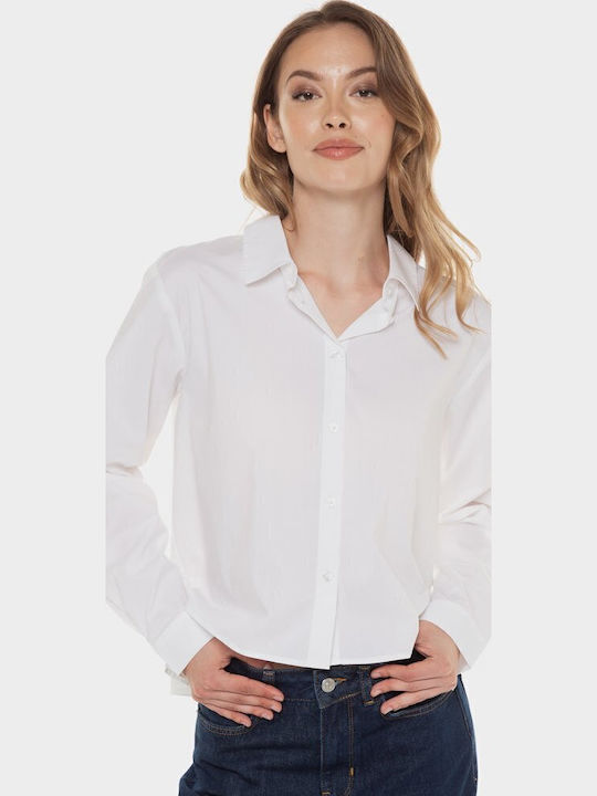 Boxy Poplin Μακρυμάνικο Γυναικείο Πουκάμισο Λευκό