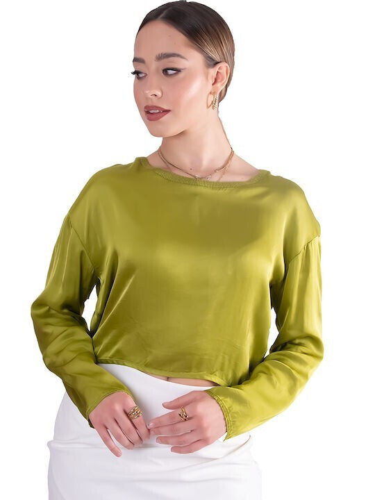 Motel Women's Crop Top Satin Long Sleeve Green