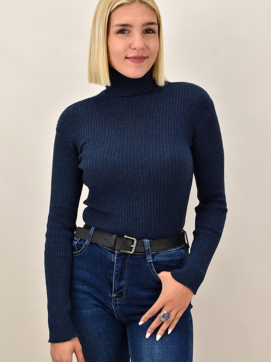 Potre Women's Long Sleeve Sweater Turtleneck Navy Blue