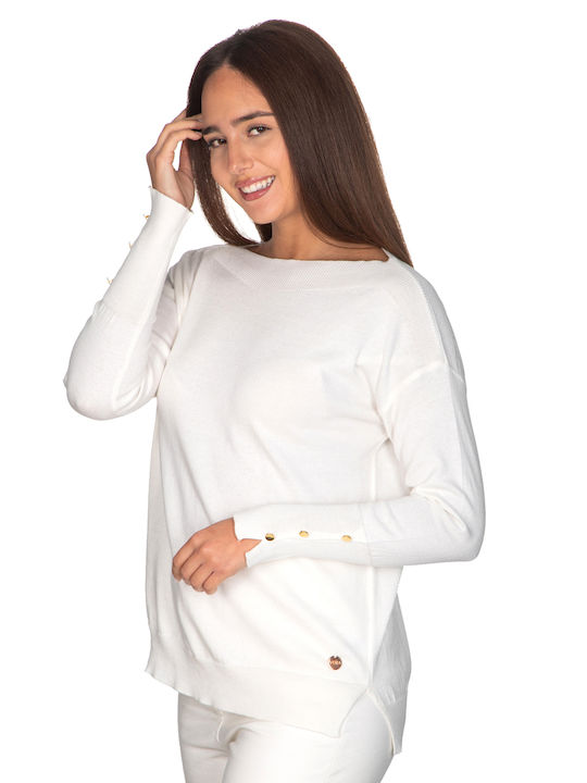 Vera Women's Blouse Cotton Long Sleeve with Smile Neckline White