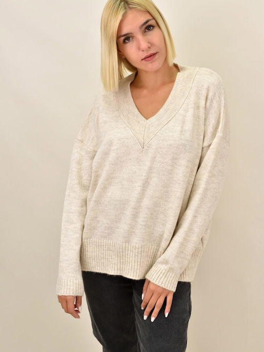 Potre Damen Langarm Pullover mit V-Ausschnitt Beige