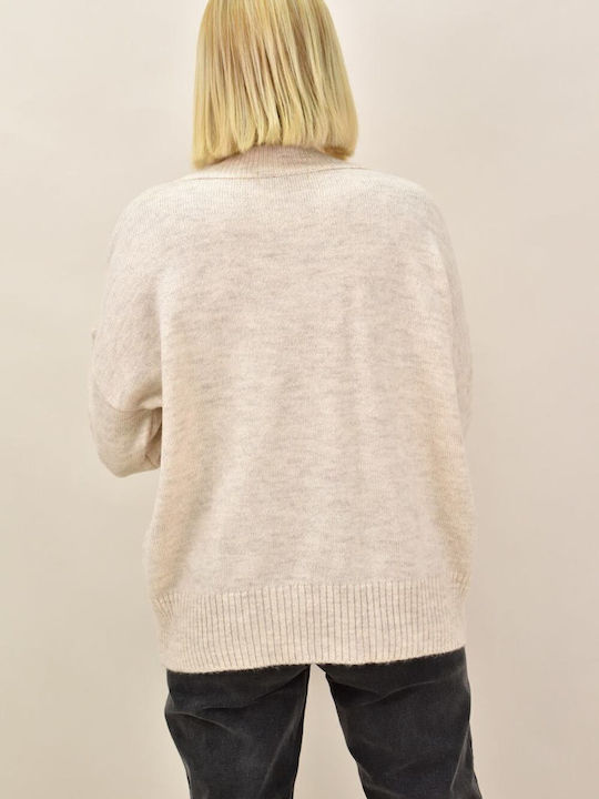 Women's Long Sleeve Sweater with V Neckline Beige