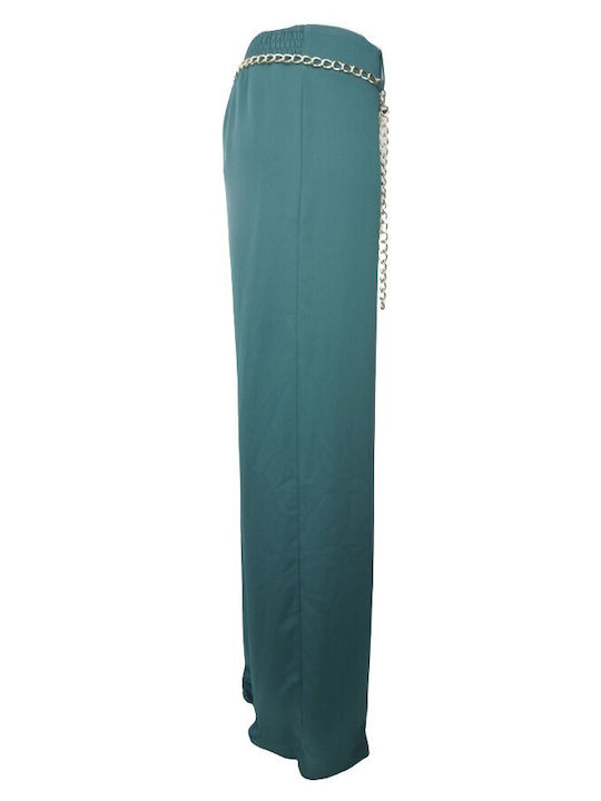 Queen Fashion Women's High-waisted Fabric Trousers with Elastic Green