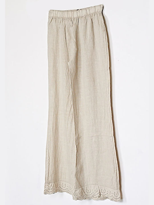 Cuca Women's Linen Trousers with Elastic Beige