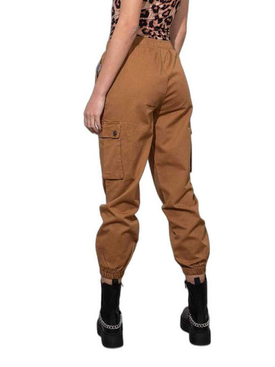 Cento Fashion Women's Cotton Cargo Trousers with Elastic in Regular Fit Brown